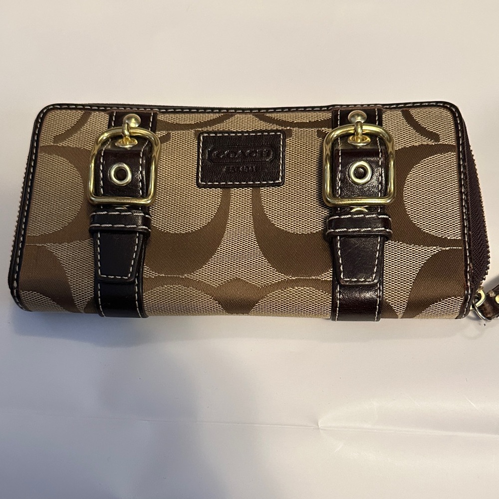Coach Signature Brown and Tan Wallet with Gold Buckles